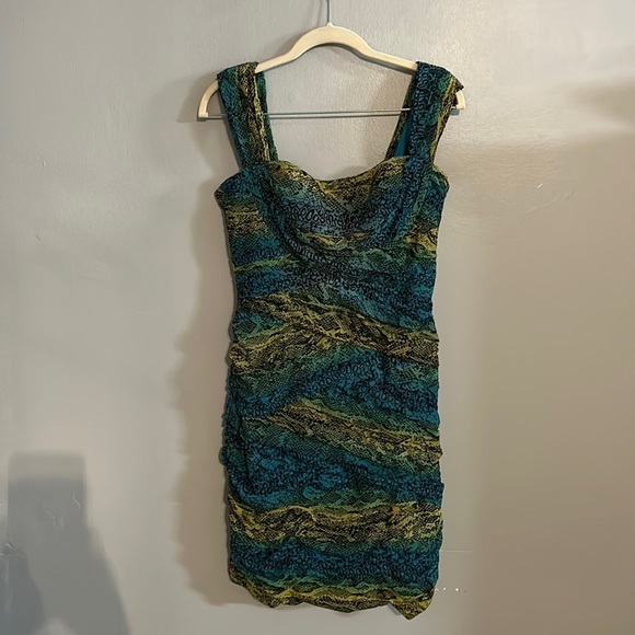 BCBGMaxAzria Ivita Blue/Green/Yellow Snake Print Ruched Bodycon Dress Size Med - Picture 4 of 8